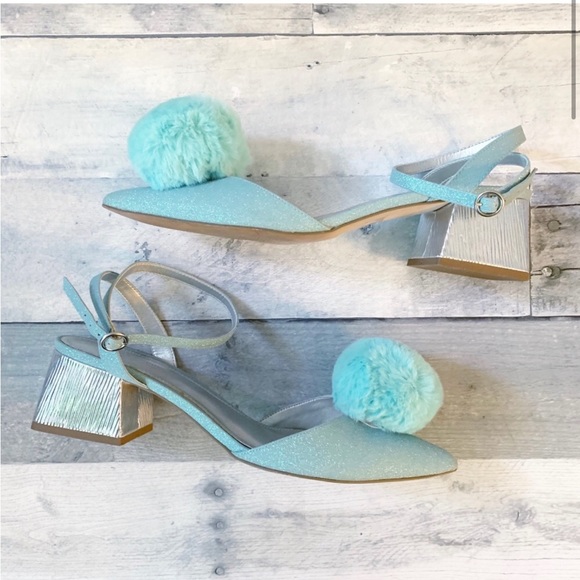 ASOS - Blue Glitter Saucy PomPom Block Heels 6 - Picture 2 of 15